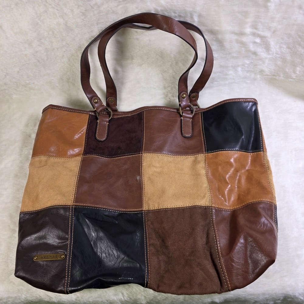 VTG Axcess Liz Claiborne Tote Bag Brown Patchwork Faux Leather Slouch Hobo Purse